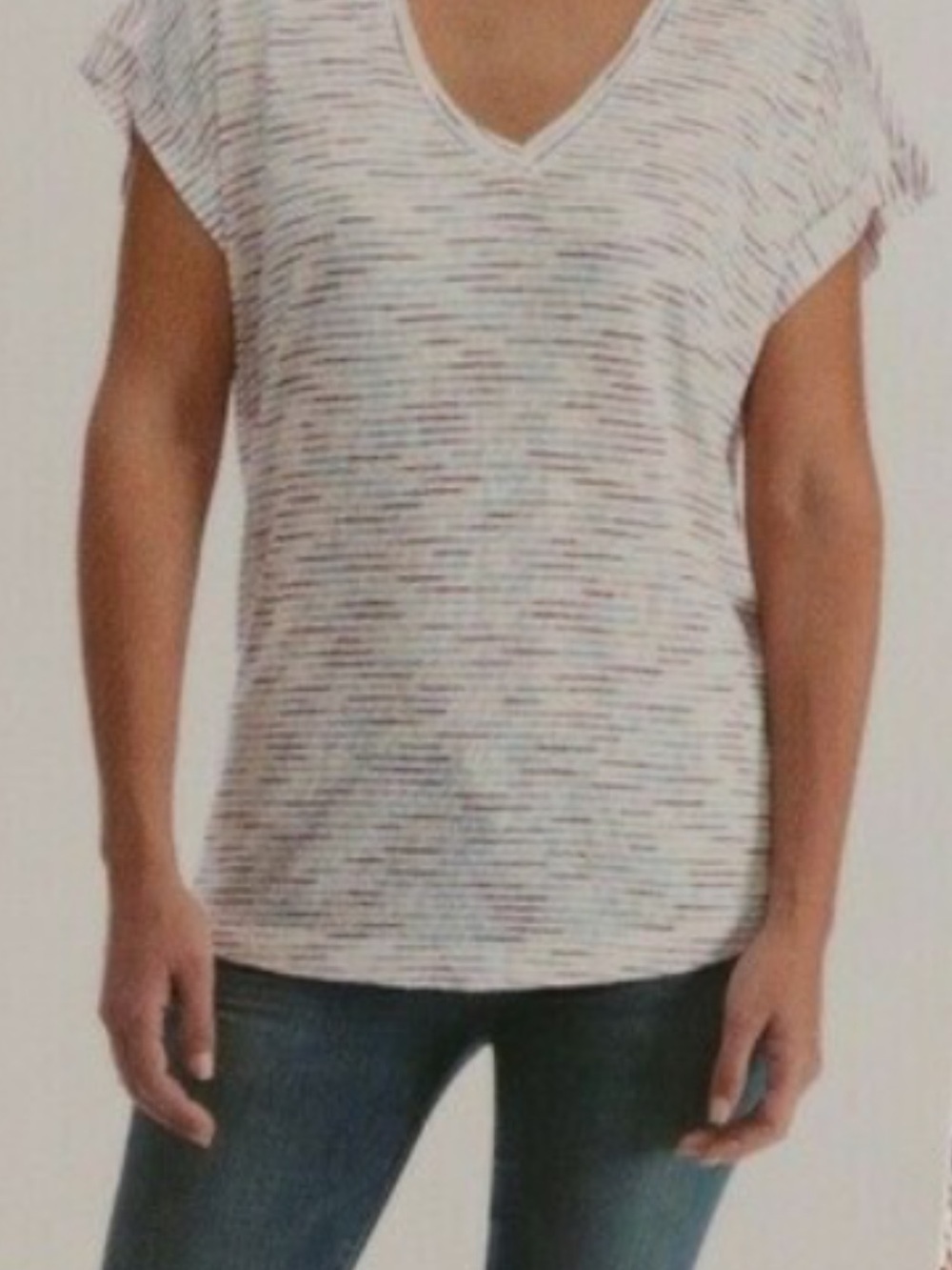 bobeau White V-Neck Tee with Red and Blue Stripes